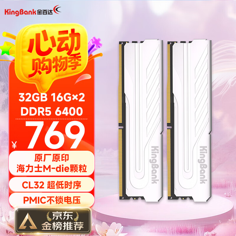 金百达（KINGBANK）32GB(16GBX2)套装 DDR5 6400 台式机内存条海力士M-die颗粒 银爵 C32 Deepseek硬件