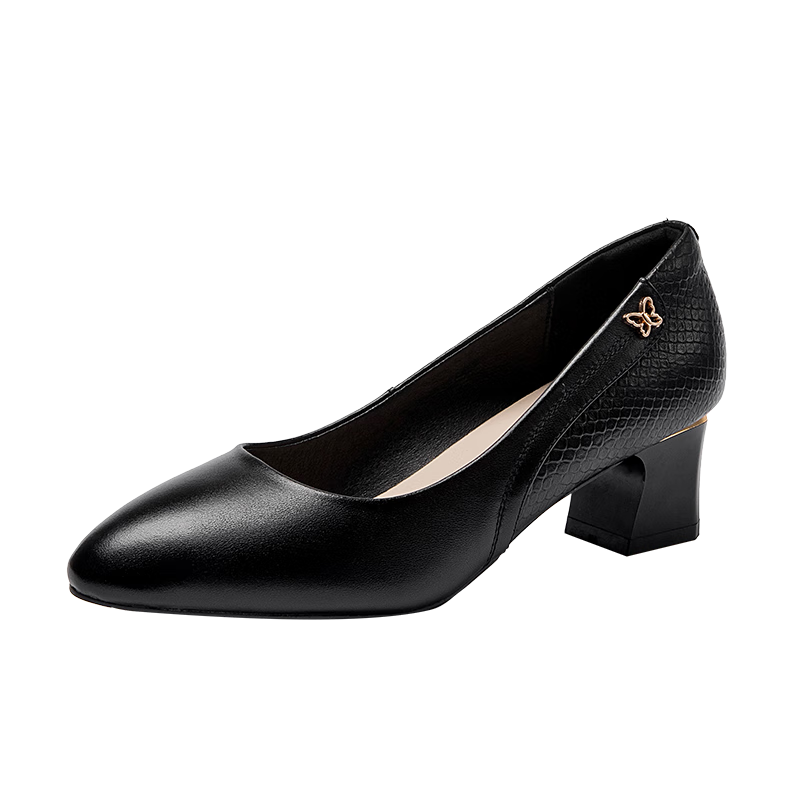 富貴鳥真皮牛皮高跟鞋女淺口法式尖頭粗跟單鞋氣質(zhì)工作媽媽鞋 黑色 39