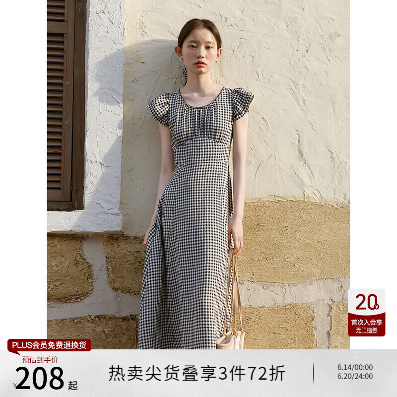 自巧小个子黑白格纹气质显瘦度假连衣裙女2024夏装新款收腰中长裙 黑白格 S (3码)