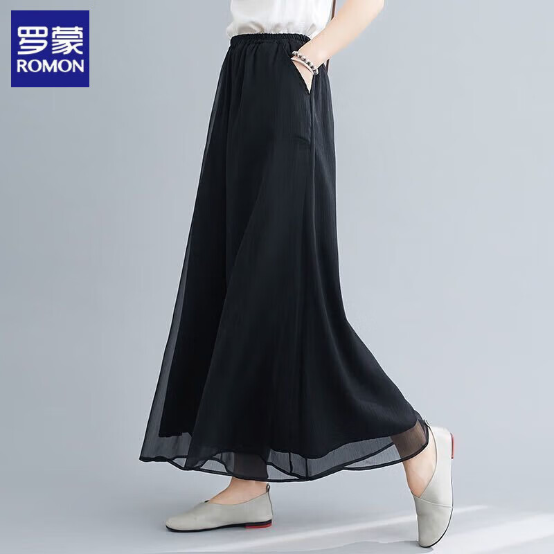 羅蒙（ROMON）冰絲雪紡闊腿褲子女加口袋春夏新款垂感休閑養(yǎng)生館文藝風(fēng)裙褲女 加長(zhǎng)款黑色口袋款 身高166以上 3XL 160-180斤