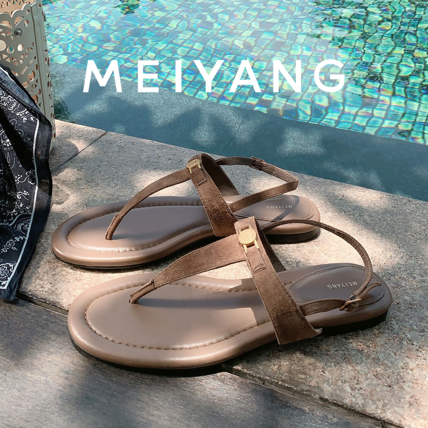 美洋（MEIYANG）棕榈岛夹脚凉鞋 罗马假日反绒平底夹趾拖鞋 棕色 38