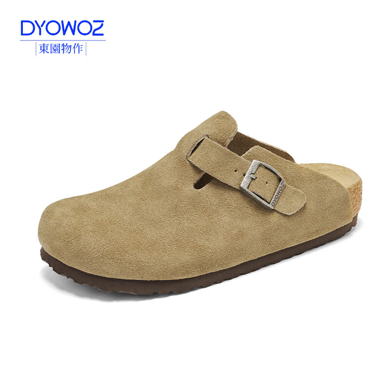 东园物作软木拖鞋真皮休闲日系时尚百搭外穿防滑情侣款Boston半包勃肯鞋 深卡其 37 正码
