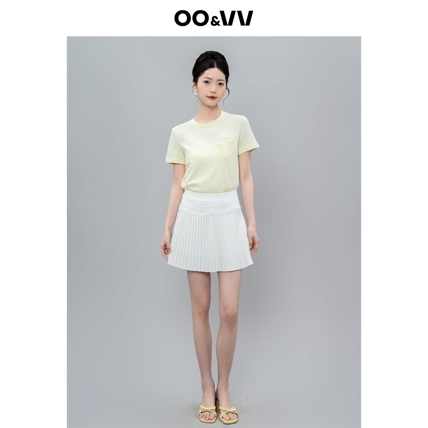 OO&VV设计感短袖T恤女2025夏新款圆领宽松性感蕾丝露背刺绣上衣 日光黄 L