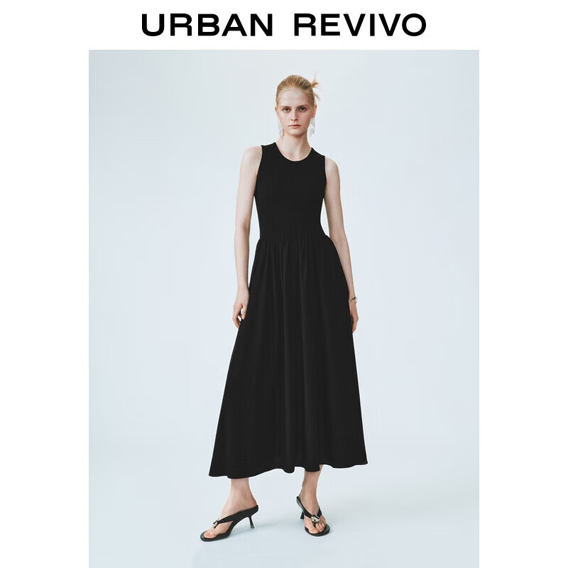 UR2025秋季新款女装拼接设计修身小黑裙无袖连衣裙UWM750087