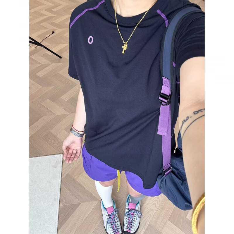 POUM美式高街短袖T恤男夏季潮牌薄款宽松运动上衣简约五分半袖打底衫 CQS-1517紫色 3XL