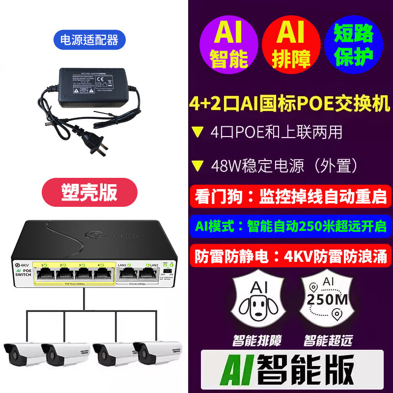 火翼poe交换机581624口千兆供电防雷监控专用百兆摄像头光纤vlan网线适用tp国标网管云管理 【塑壳版】全百兆的4+2(48W外置)_HY-PO 8个