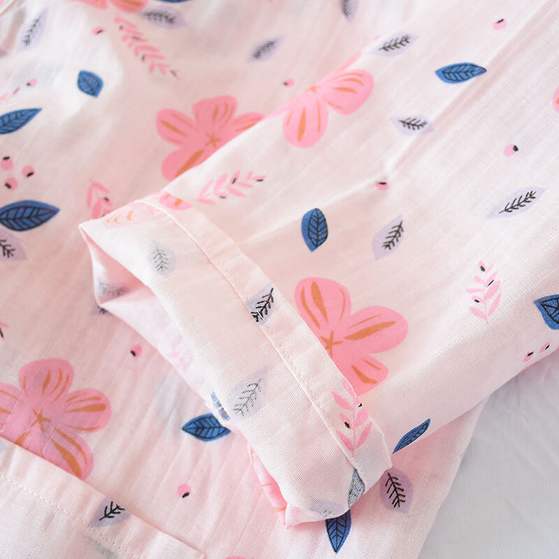 【现货现发】浴袍女纱布薄款春夏中长睡袍宽松休闲 粉底太阳花 M