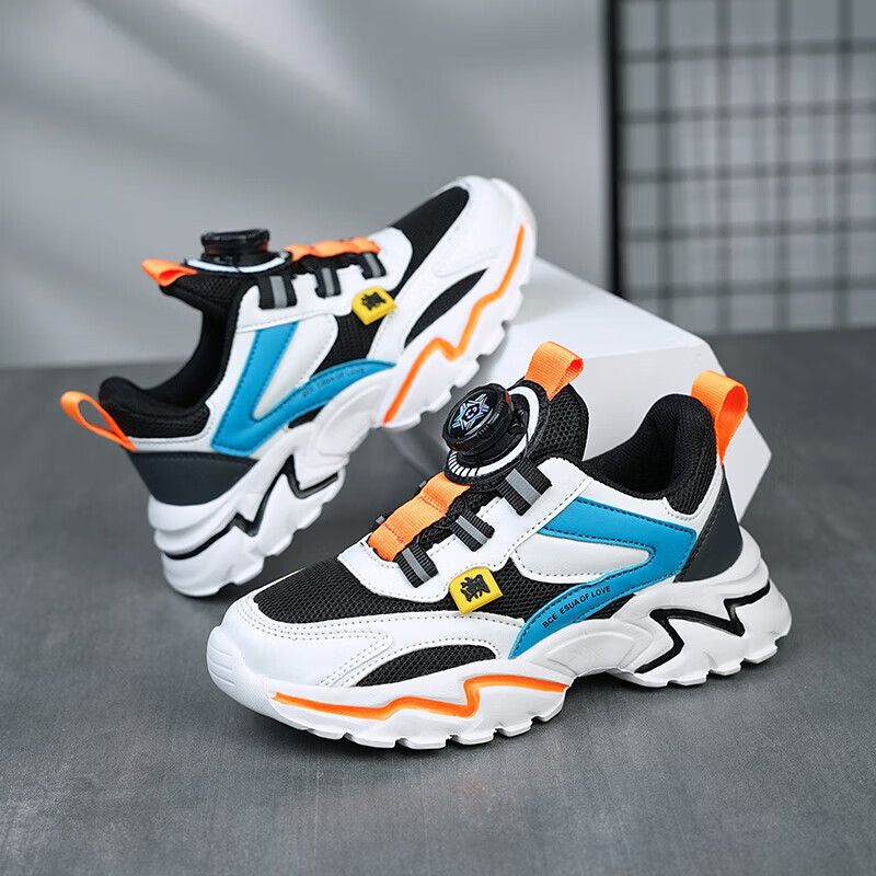 贝天熊童鞋儿童运动鞋秋冬款男童网面透气跑步鞋女革面旋钮扣学生鞋 K398黑桔【四季双网】 28 内长17.8/脚16.8