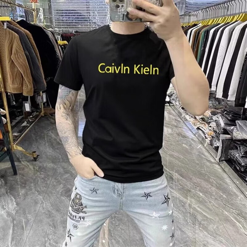 CALVIN KLEIN JEANS夏季CK短袖T恤男士修身纯棉圆领休闲大码上衣 黑色款式8 6XL 建议【200-215】斤