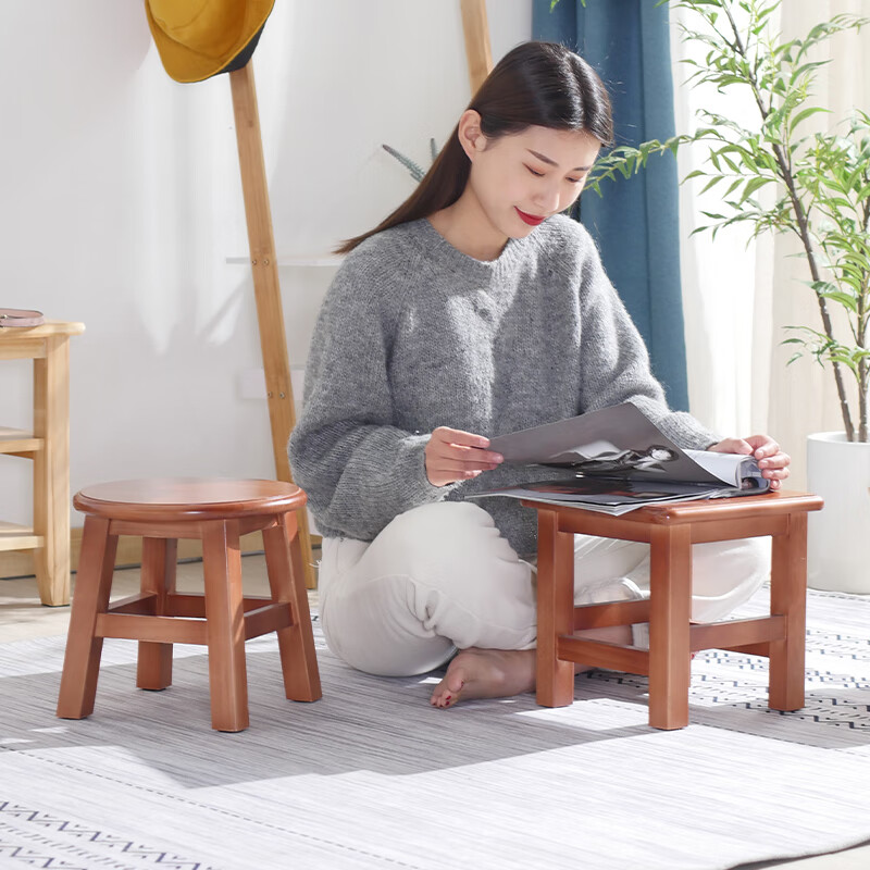 仟艺绘全实木小凳子家用矮凳小板凳茶几凳垫脚凳免安装换鞋凳圆凳浴室凳 直腿方黑胡桃色【28X28X27cm】
