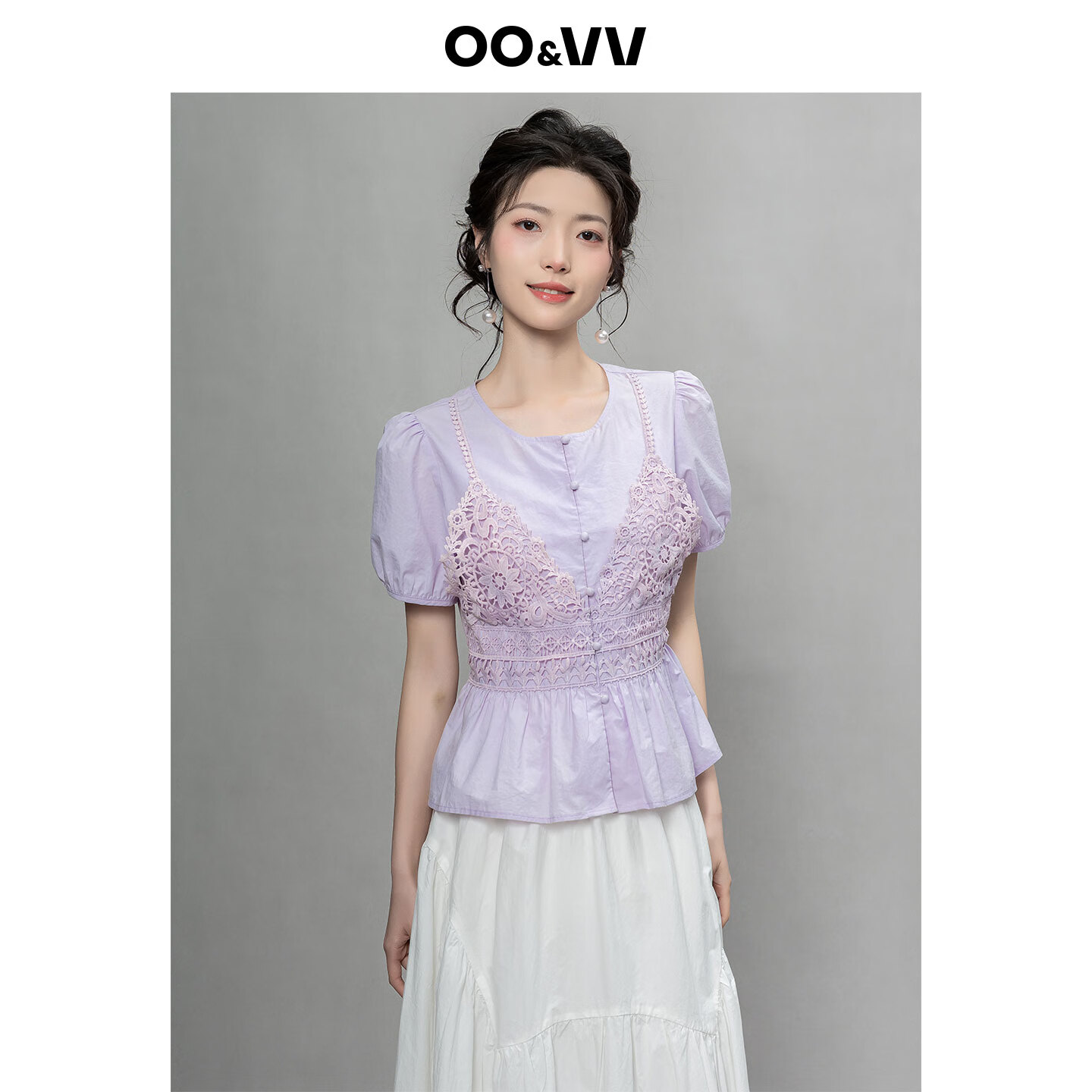 OO&VV蕾丝拼接短袖衬衫女2025夏新款圆领修身显瘦百搭上衣薄款 柔雾紫 XL
