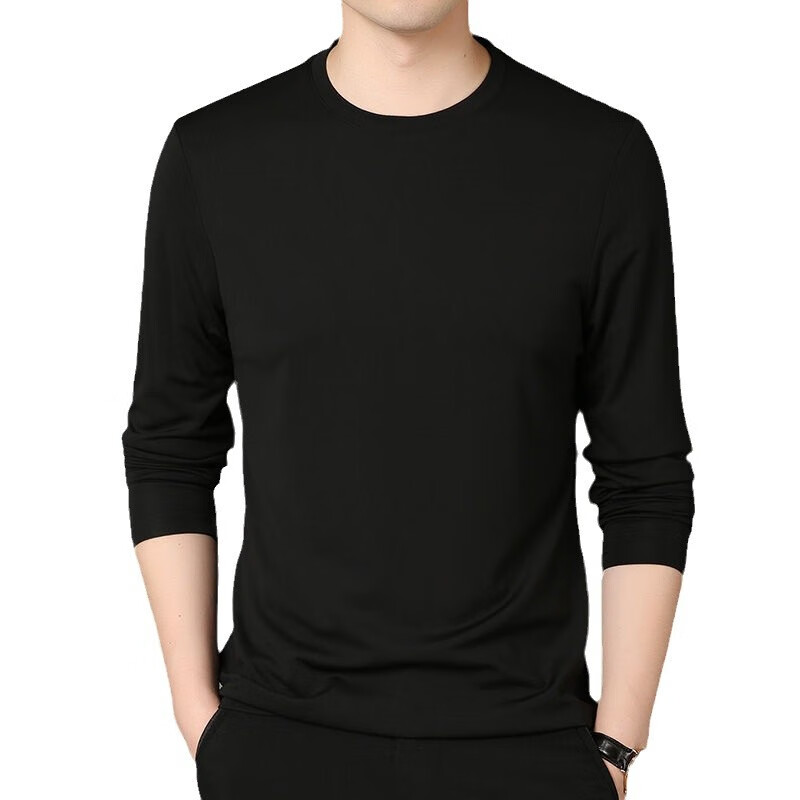 【厂家直供】桑蚕冰丝t恤男长袖薄款春秋卫衣内衣夏季速干圆领冰 黑色圆领长袖 5XL 【建议180-200斤】