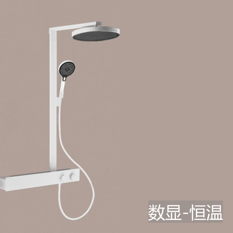 衛(wèi)浴電鍍銀色白色槍灰色數(shù)顯恒溫淋浴花灑套裝銅置物架鏡雨 86570a白色方管-數(shù)顯恒溫