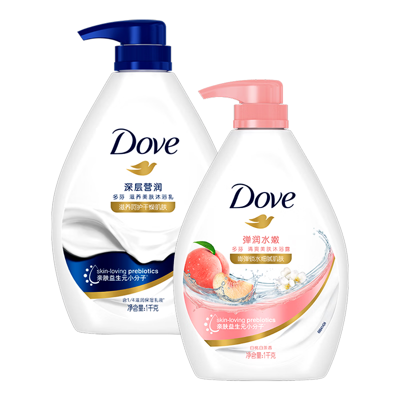 多芬（Dove）沐浴露香体持久留香沐浴乳液男女士保湿通用家庭装大容量官方正品 深层营润1千克+桃悦水透1千克