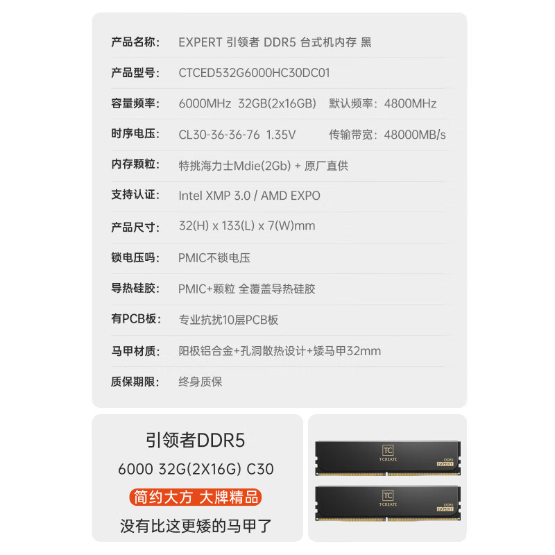 十銓科技十銓ddr5  十銓引領(lǐng)者DDR5內存條臺式矮馬甲6400 6000 32G 48G 64G 7200 96G 6000 32G2x16G C30特挑Mdie黑