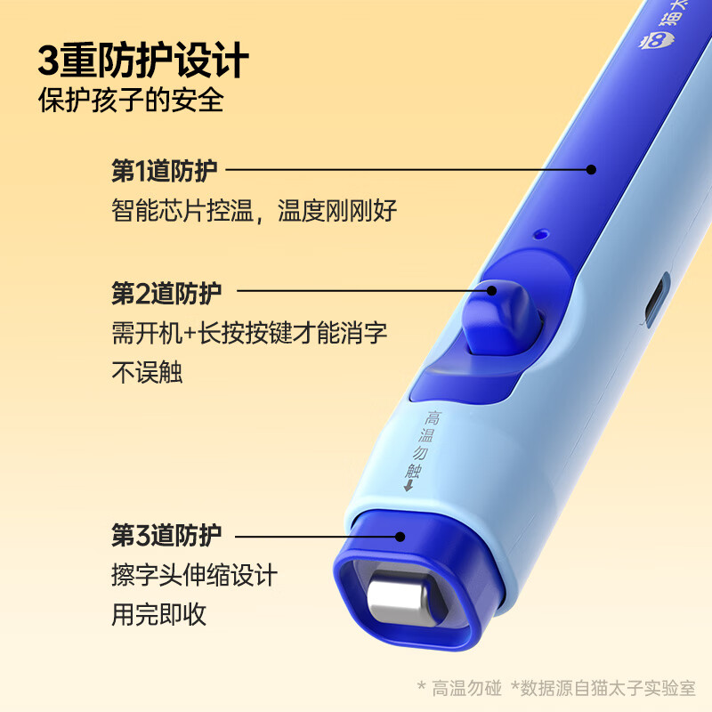 猫太子电动橡皮擦小学生专用自动橡皮创意卡通可爱儿童干净无屑不留痕学生象像皮安全一年级学习文具用品 冰川蓝