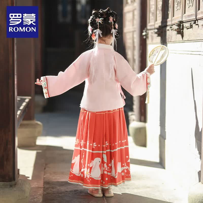 罗蒙女童汉服夏季款2026款儿童中国风原创齐胸襦裙唐装毕业演出服 HA6002 粉色袄裙 140