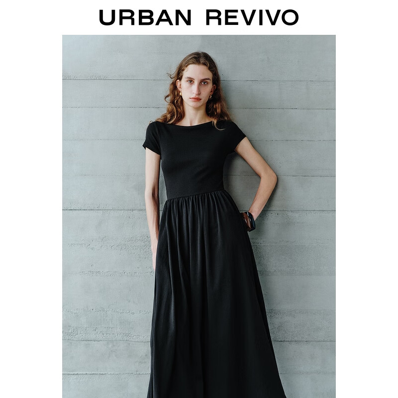 UR2025秋季新款女装气质简约一字领修身收腰连衣裙UWM750116 黑色 M