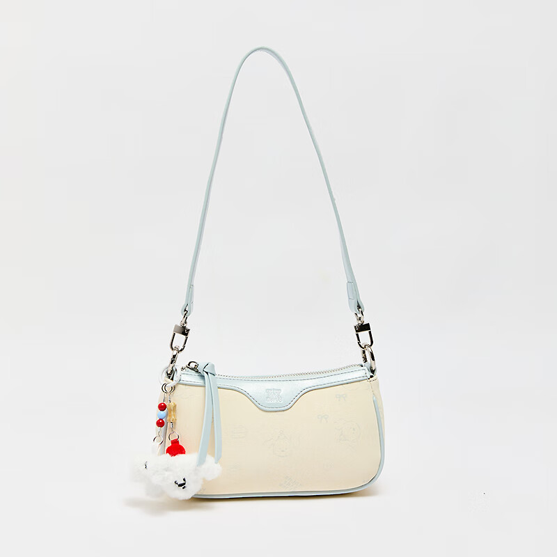 三福斜挎包夏季元氣少女小狗壓印毛絨玩偶掛件麻將包女包2025新款 白配藍