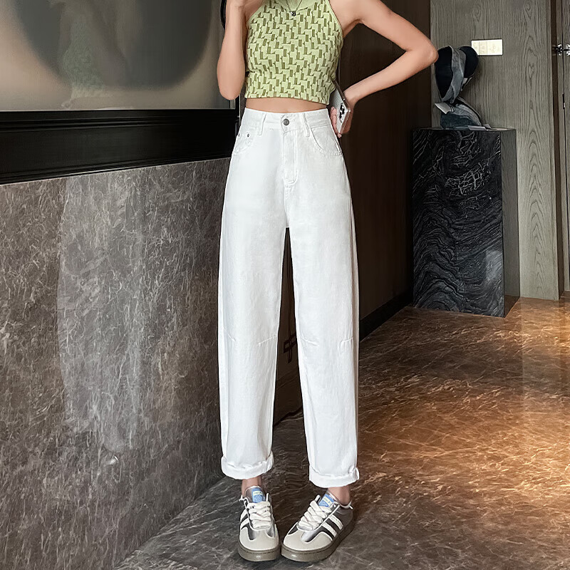 歌班娅白色弯刀牛仔裤女2025夏季新款大码高腰宽松显瘦直筒阔腿裤香蕉裤 白色 XS