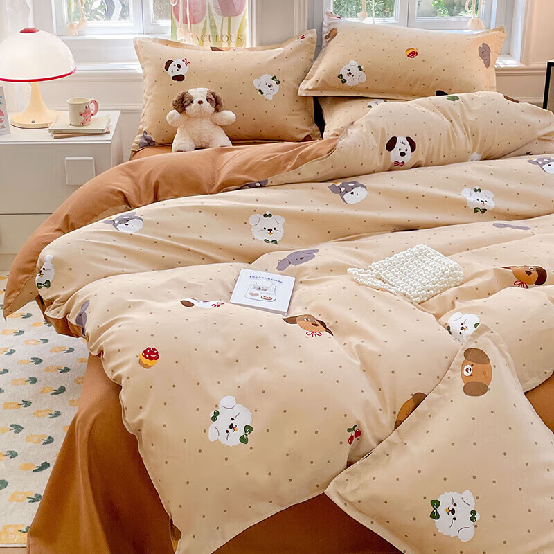 软贝小清新四件套 透气亲肤印花卡通简约田园风被套床单款套件 俏皮小狗 1.2m 床单款 三件套（被套150*200cm）