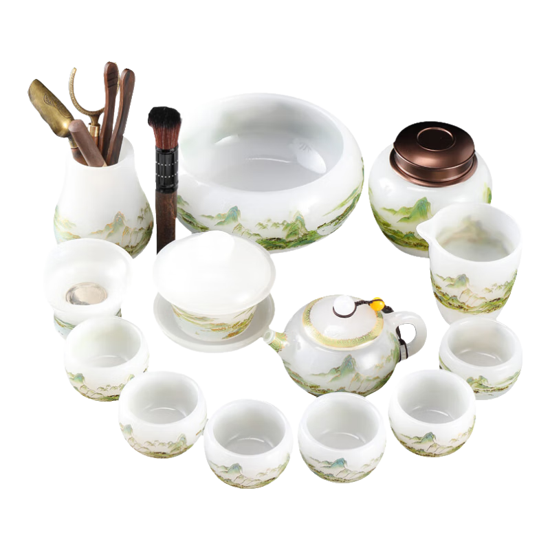 器美優(yōu)品 茶具 琺瑯彩琉璃茶具套裝玉瓷加厚蓋碗茶杯公道杯整套茶具茶道 10入千里江山琉璃茶壺+小千山盤