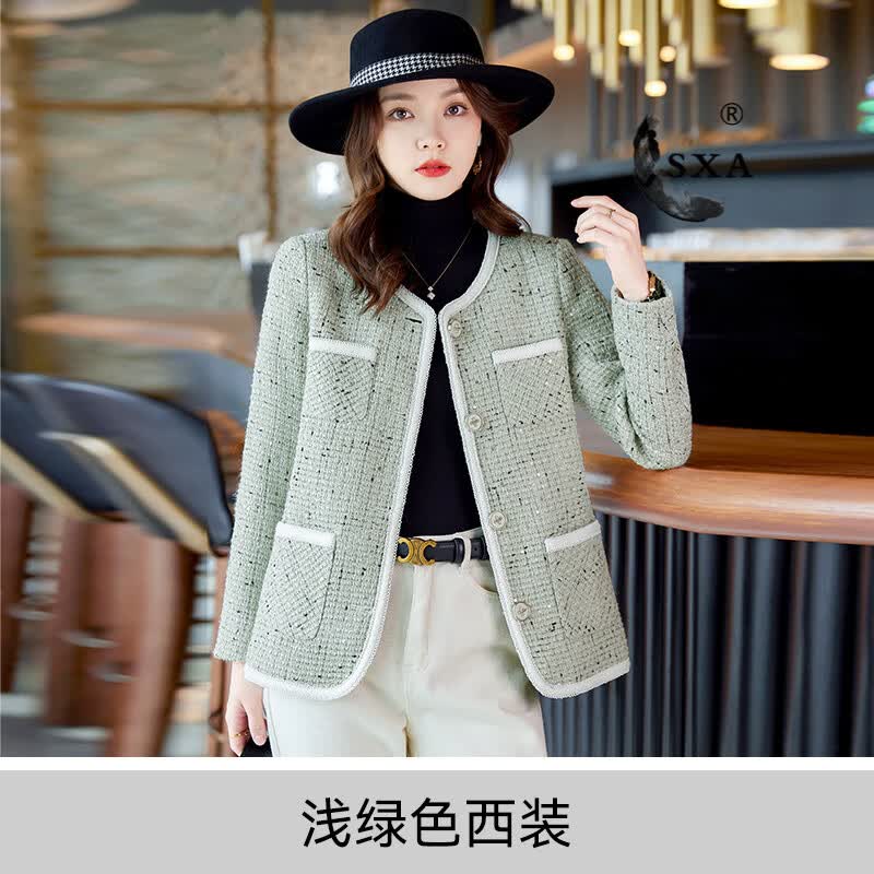 SXA香港潮牌小香风外套女2025新款时尚休闲小个子粗花呢西装外套大码 浅绿色 S