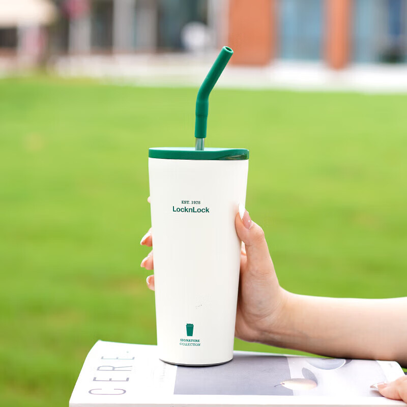 乐扣乐扣（LOCK&LOCK）陶瓷覆层保温保冷咖啡杯简约男女水杯双盖两用带吸管550ML白色