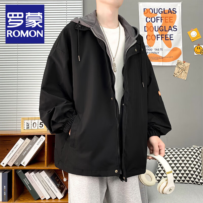 罗蒙（ROMON）日系假两件连帽夹克男春秋季工装外套潮牌痞帅宽松情侣款百搭上衣 黑色 M