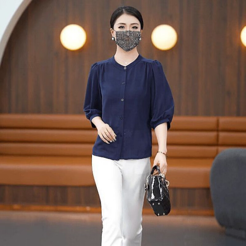 邦菲尔夏季新款妈妈装轻风纱衬衫女士显瘦减龄中袖上衣开衫时尚休闲衬衣 藏青色 5XL 170-185斤