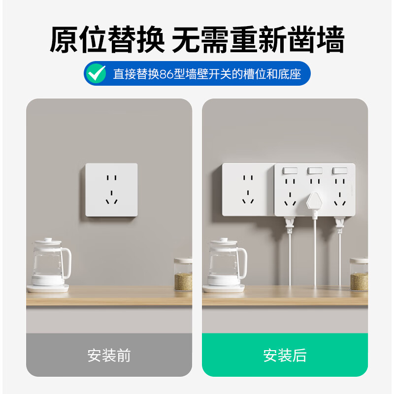 国际电工(FDD)扩展插座86型明装拓展开关插座厨房多功能插排原位替换无线转换器 白色三开21孔-向右扩展-基础款