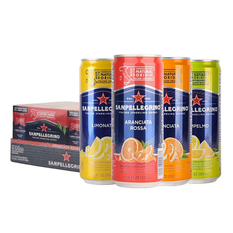 圣培露（S.Pellegrino）意大利原裝進(jìn)口圣培露碳酸果味330ml*24罐果汁味氣泡水飲料整箱 新鮮日期檸檬味+西柚味混拼330m