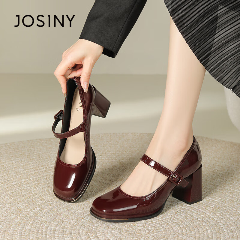 卓詩(shī)尼（Josiny）一字帶瑪麗珍鞋女2025新款紅色高跟婚鞋粗跟單鞋覆古小皮鞋生日禮 櫻木桃色_【跟高】 7.5cm 34