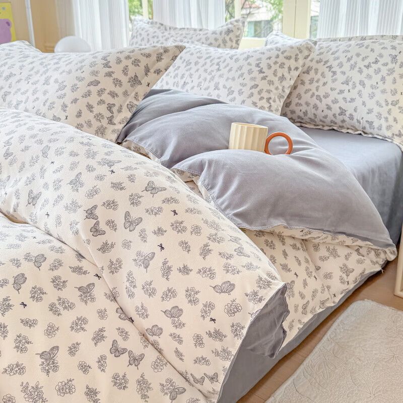 软贝 小清新四件套 透气亲肤 印花卡通简约田园套件被套床单床上用品 翩翩起舞 2.0m 床单款 四件套（被套200*230cm）
