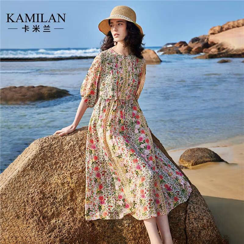 卡米兰（kamilan）[100桑蚕丝]法式度假真丝连衣裙女2025夏季新款碎花中长裙 花色 XL