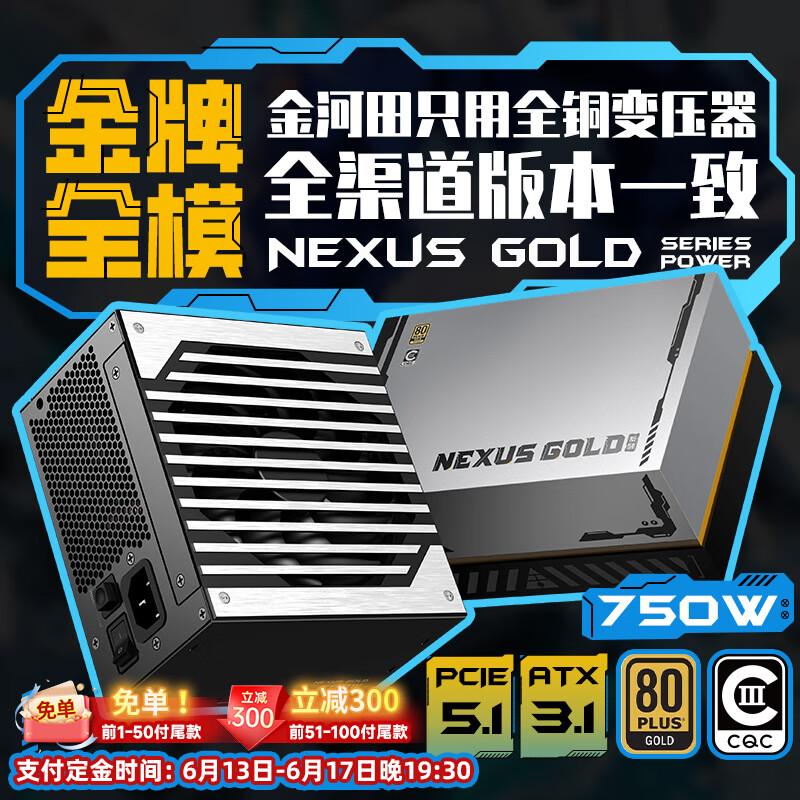 金河田（Golden field）Nexus Gold 750W 黑 ATX3.1台式电脑电源 金牌双认证/12V-2*6/日系主电容/稳压5070显卡/压纹线