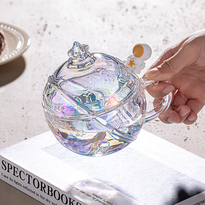 乐唯诗（LOVWISH）星空球杯玻璃杯带盖勺高颜值女生咖啡早餐喝水杯家用设计感燕麦杯 星球杯极光彩【含盖送勺】320ml*1