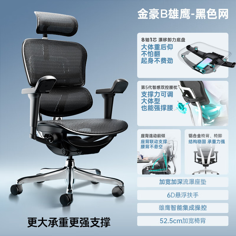 保友办公家具（Ergonor）保友金豪b雄鹰 人体工学椅电脑椅久坐电竞靠背家用办公座椅子 【金豪b雄鹰】黑色 铝合金脚_旋转 升降扶手