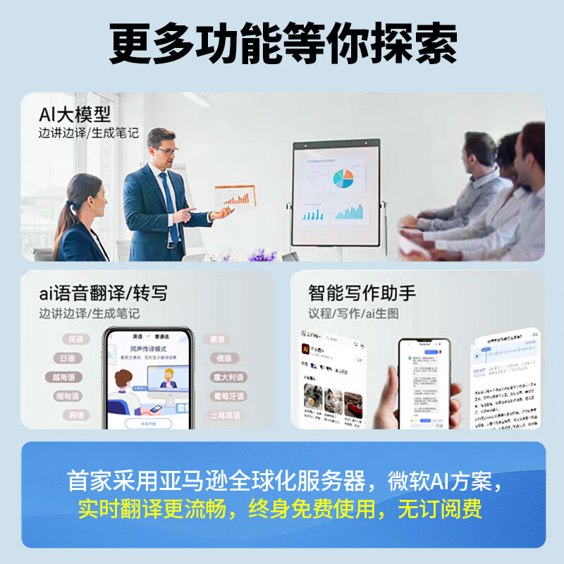 HTC【微软AI模型丨终身免费】专业翻译耳机同声传译AI智能无线蓝牙耳机挂耳式录音降噪会议超长续航 曜石黑【实时翻译+AI屏+全景音】
