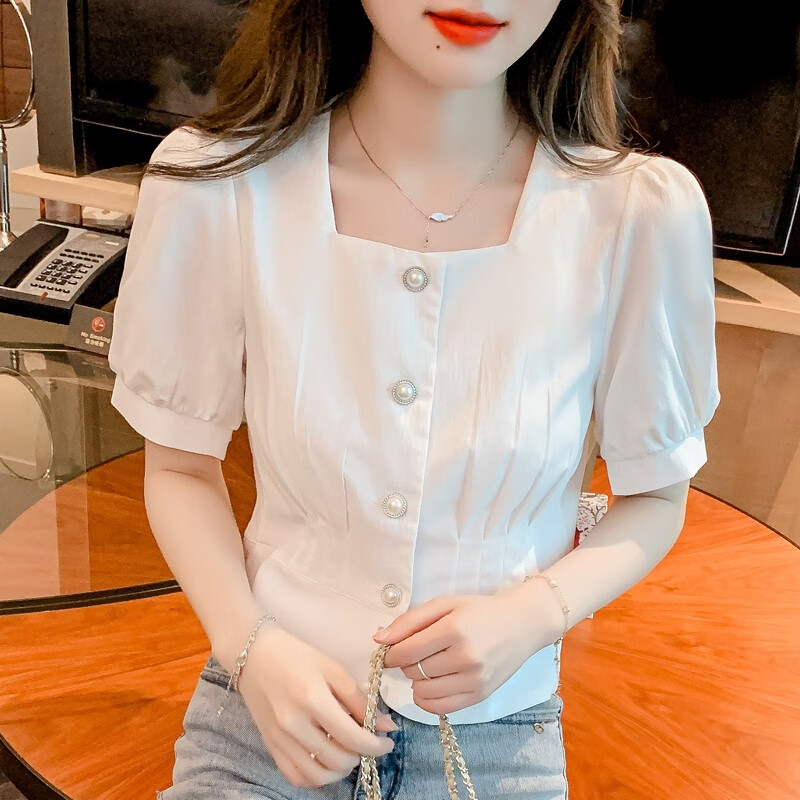 漢卿中夏方領(lǐng)短袖雪紡襯衫女款夏天2025新款小個(gè)子收腰短款上衣設(shè)計(jì)感小眾 白色 S