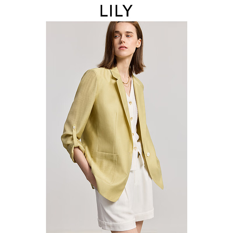 LILY商场同款2025夏女装老钱风莱赛尔醋酸亚麻混纺西装外套 304黄绿 S