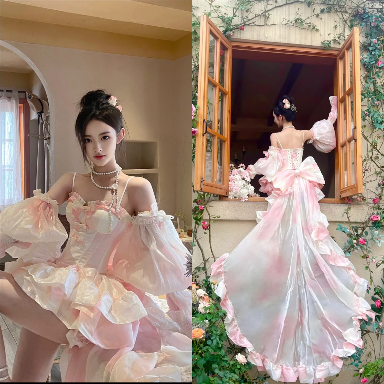 夏季粉色洛麗塔禮服在逃公主風(fēng)拖尾套裝裙熱晚禮服蓬蓬裙少女裙 魚骨上衣半身褲裙可拆卸袖子可 S