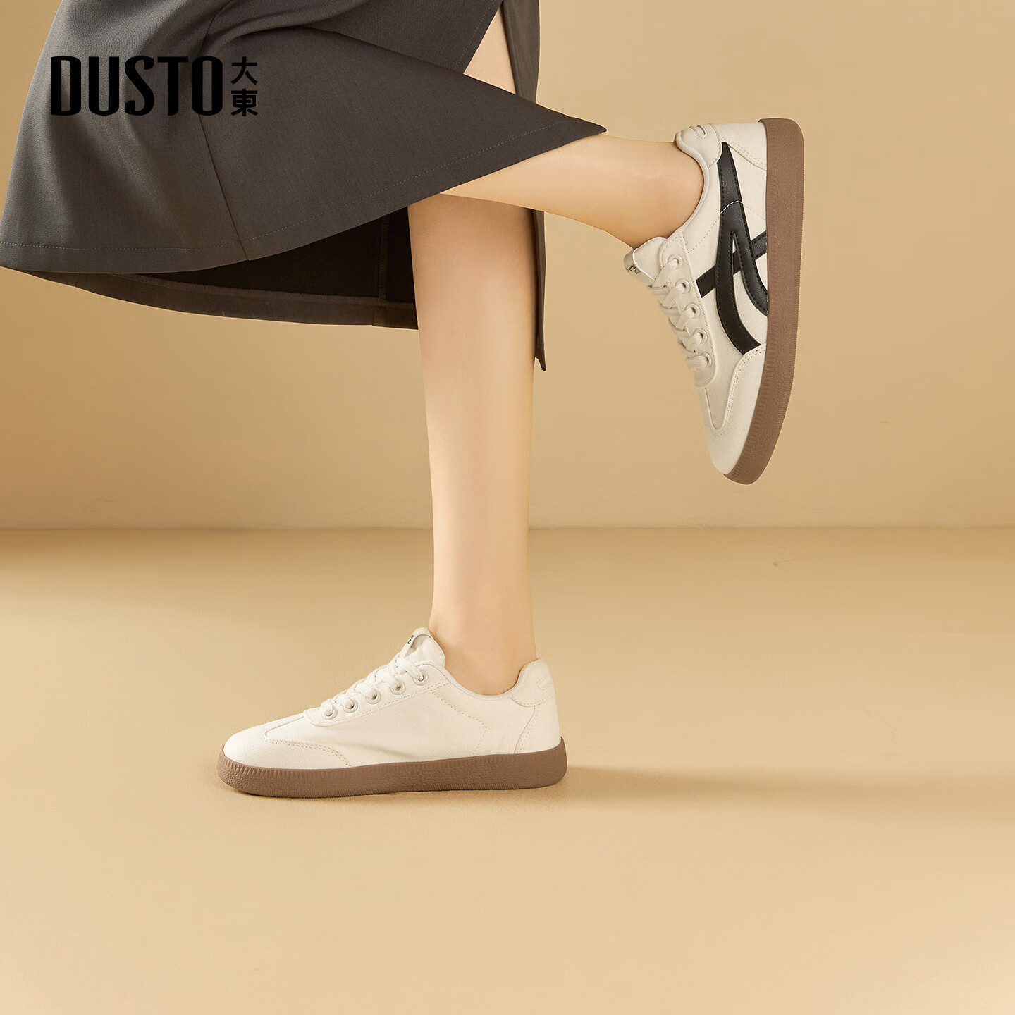 大东德训鞋女鞋2025年秋季新款时尚舒适圆头休闲鞋7738 米黑色 35