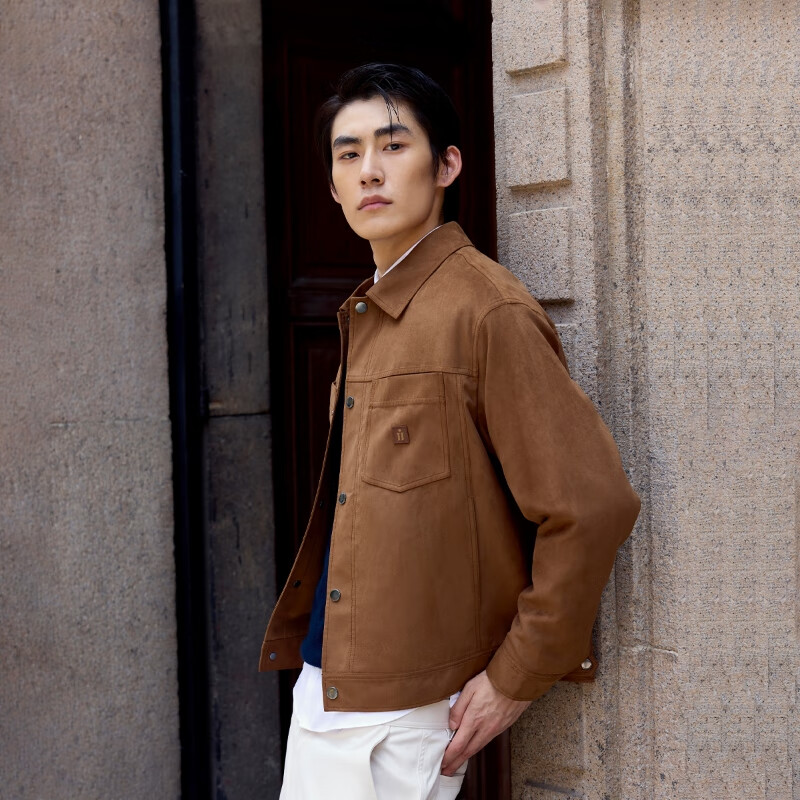 杰克·琼斯（JACK&JONES）26年男装春秋季休闲外套男宽松多口袋翻领仿麂皮行政夹克短款上衣 E10深棕色 M （175）