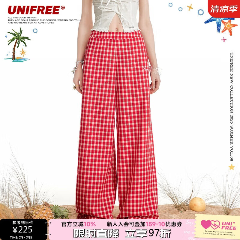 UNIFREE甜美少女簡(jiǎn)約精致刺繡復(fù)古格子直筒休閑褲 紅色  M 