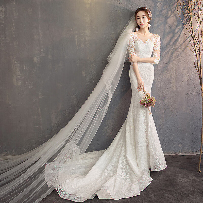 高端轻奢法式长袖鱼尾婚纱礼服2023新款拖新娘婚纱气质修身主纱 鱼