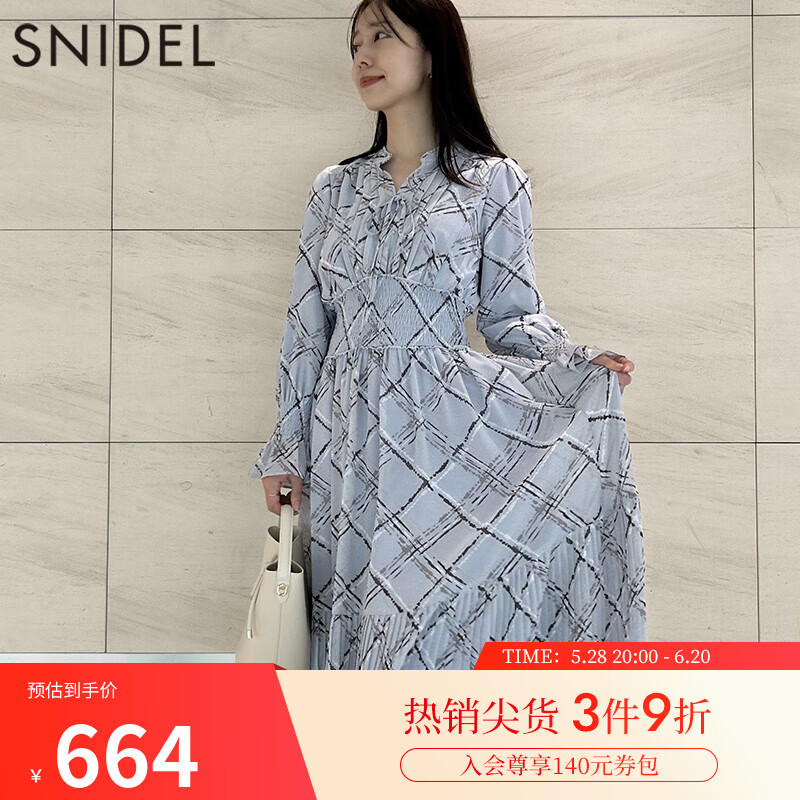 SNIDEL秋冬甜美泡泡袖立领格纹收腰百褶连衣裙SWFO245130 浅蓝色 M （1）