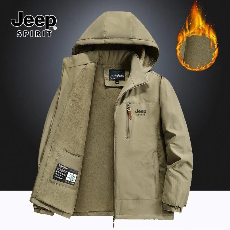 JEEP SPIRIT夹克冲锋衣冬季夹克大码休闲男士加绒加厚防风防水外套冲锋上衣 黑色 2XL(136-150)斤