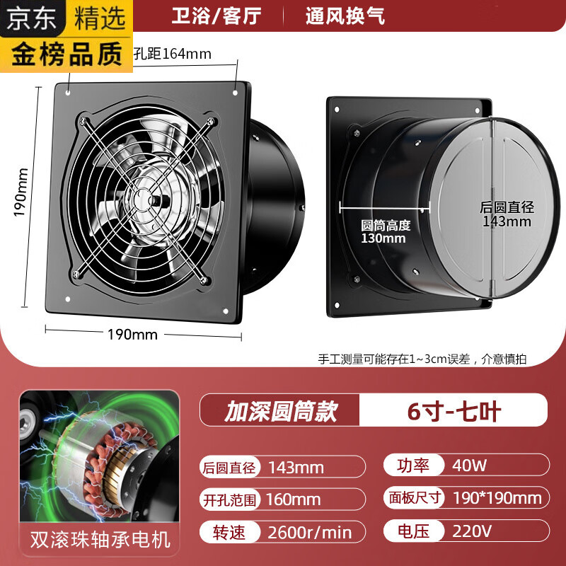 HGEG德国进口厨房排气扇农村大吸力抽油烟机家用换气扇大功率强力抽风 6寸黑色【开孔160mm面板190*190