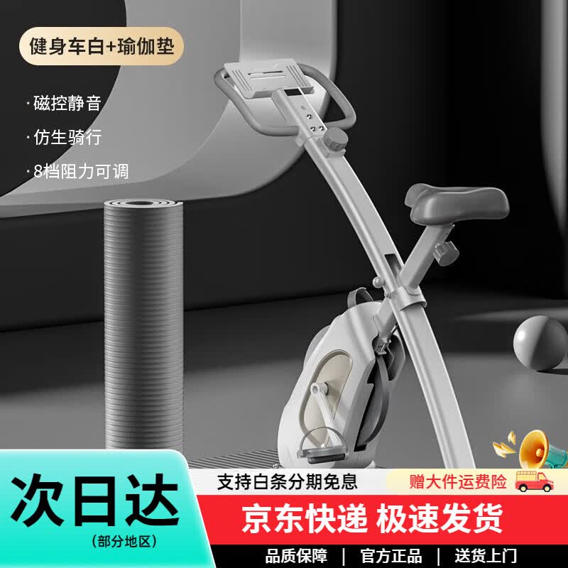 施耐德【送货上门】【合金磨砂底架管】动感单车可变形折叠家用磁 动感单车白色+【NBR瑜伽垫】 磁控八挡可折叠动感单车
